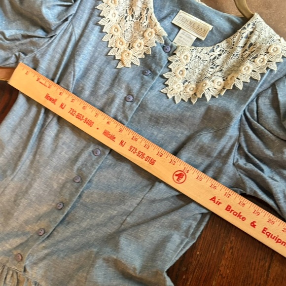 ✨GUNNE SAX Vtg 80’s Chambray Blue White Lace Bib Trim Puff Sleeve Prairie Dress - Picture 11 of 15